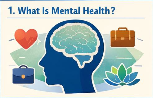 illustrated diagram showing what is mental health including emotional, work, and wellness aspects with a human brain