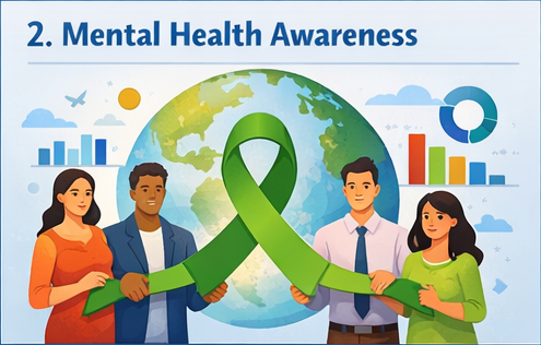 diverse group of people holding green mental health awareness ribbon in front of a globe with statistics