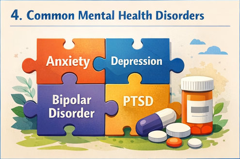 puzzle pieces showing common mental health disorders including anxiety depression bipolar disorder and PTSD